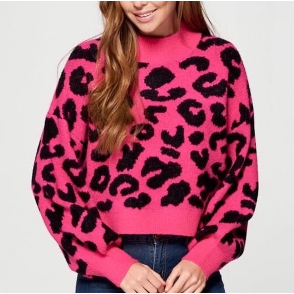 2 LEFT! Women's Fuchsia Cheetah Print Turtleneck Fall Winter Sweater - Picture 4 of 4